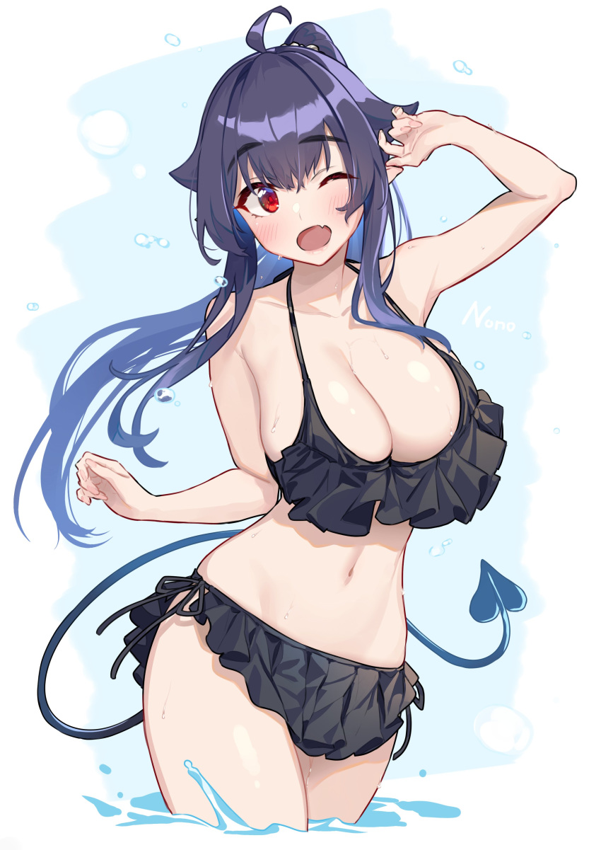 1girl ;d absurdres ahoge baffu bikini black_bikini breasts collarbone copyright_request demon_tail eyebrows_visible_through_hair fang frilled_bikini frills hand_up highres large_breasts long_hair navel one_eye_closed open_mouth partially_submerged ponytail purple_hair red_eyes skin_fang smile solo swimsuit tail thighs water wet
