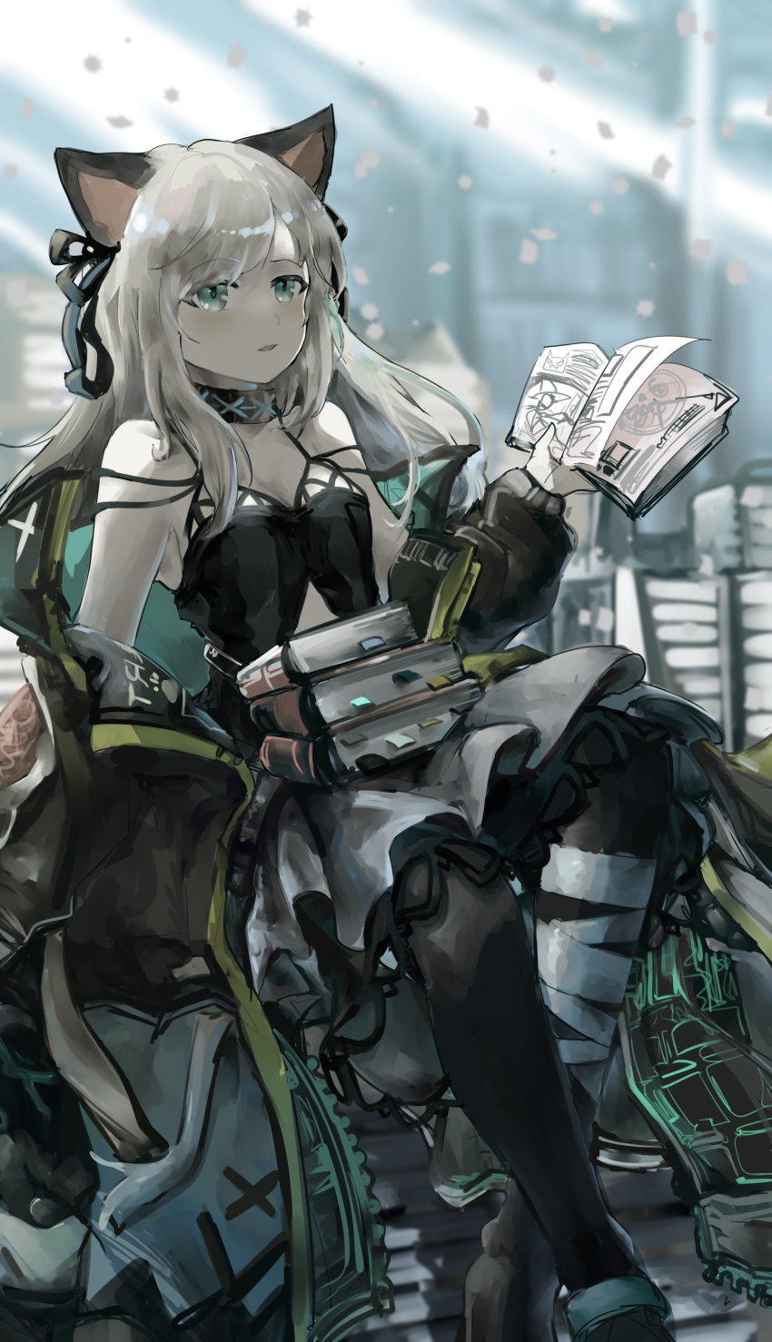 1girl absurdres animal_ears arknights bandaged_leg bandages black_ribbon book book_stack camisole cat_ears commentary grey_eyes grey_skirt hair_ribbon highres holding holding_book long_hair mint_(arknights) revision ribbon silver_hair skirt solo vyragami