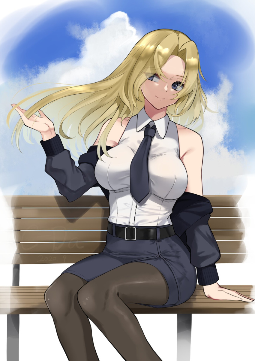 1girl bench black_jacket black_legwear blonde_hair blue_eyes blue_skirt bomber_jacket breasts c-da clouds commentary_request highres hornet_(kantai_collection) jacket kantai_collection large_breasts long_hair necktie off_shoulder pantyhose shirt sitting skirt sky sleeveless sleeveless_shirt smile solo white_shirt