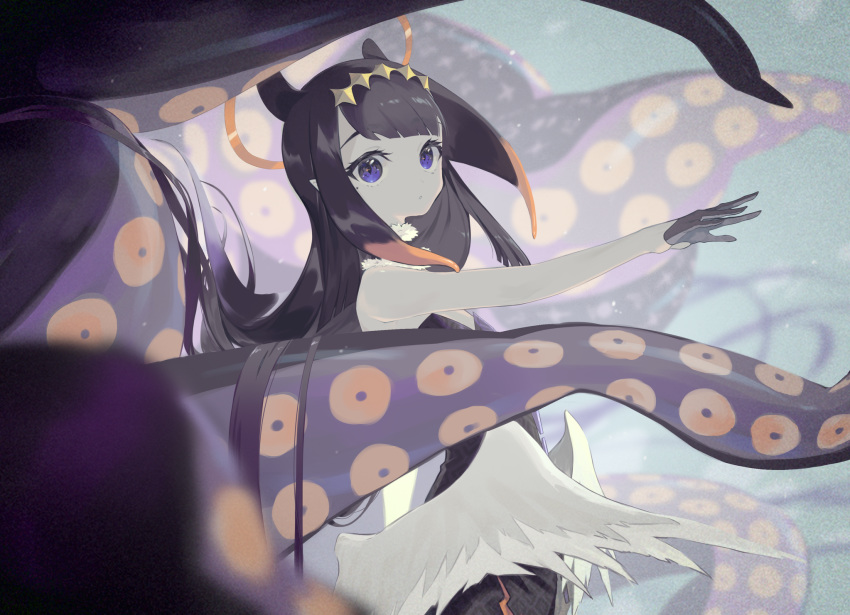 1girl amana_(pocketkey) bangs bare_shoulders black_gloves blunt_bangs commentary_request flat_chest gloves hair_ornament highres hololive hololive_english long_hair looking_at_viewer ninomae_ina'nis pointy_ears purple_hair solo tentacles very_long_hair violet_eyes