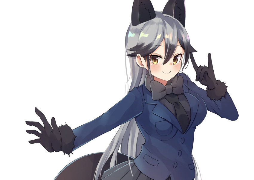 1girl animal_ears black_gloves blue_jacket blush breasts closed_mouth dragon_star2 extra_ears eyebrows_visible_through_hair fox_ears fox_shadow_puppet fox_tail fur-trimmed_sleeves fur_trim gloves highres jacket kemono_friends large_breasts long_hair looking_at_viewer necktie silver_fox_(kemono_friends) silver_hair simple_background solo tail two_side_up white_background yellow_eyes