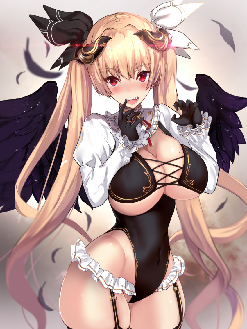 1girl :d angel angel_wings bangs black_gloves black_legwear black_leotard black_wings blonde_hair blush breasts commentary_request eyebrows_visible_through_hair fallen_angel fallen_angel_(untsue) feathers frills garter_straps gloves glowing hair_ribbon highres horns large_breasts leotard long_hair looking_at_viewer mole mole_on_breast open_mouth original red_eyes ribbon shrug_(clothing) simple_background smile solo thigh-highs thighs twintails untue very_long_hair white_background white_ribbon wings