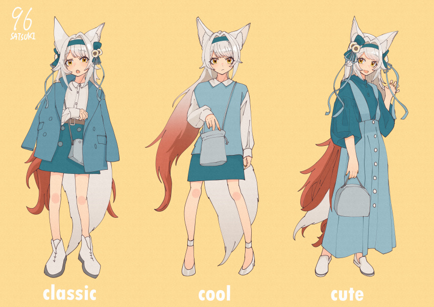1girl :d :o absurdres animal_ear_fluff animal_ears bag bangs blue_bow blue_hairband blue_jacket blue_ribbon blue_skirt boots bow brown_background brown_eyes closed_mouth collared_shirt commentary_request copyright_request dress_shirt english_text eyebrows_visible_through_hair fang gradient_hair grey_hair hair_bow hair_intakes hairband highres jacket jacket_on_shoulders long_hair long_skirt long_sleeves multicolored_hair multiple_views open_mouth ponta_(matsuokazieg) redhead ribbon shirt shoes shoulder_bag simple_background skirt sleeves_past_wrists smile standing suspender_skirt suspenders tail very_long_hair virtual_youtuber white_footwear white_shirt wolf_ears wolf_girl wolf_tail