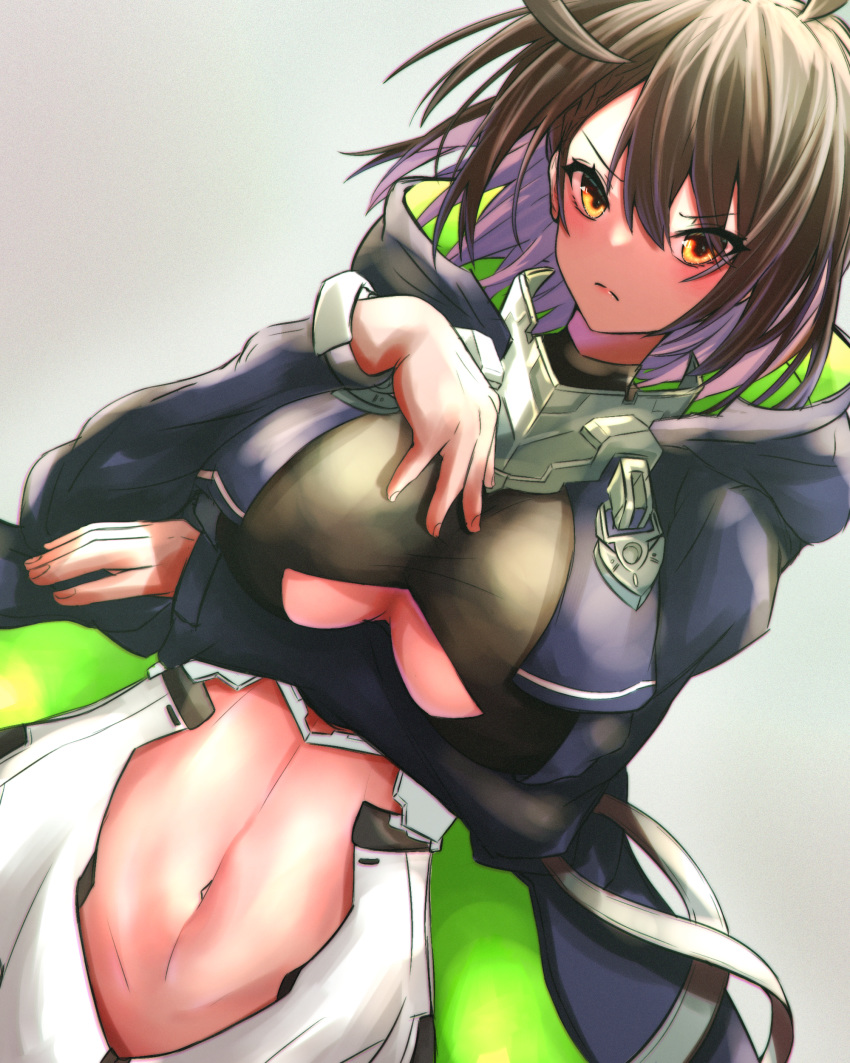 1girl absurdres ahoge arm_under_breasts azur_lane baltimore_(azur_lane) bangs black_shirt blue_coat blush braid breasts brown_hair center_opening coat commentary_request crop_top dutch_angle eyebrows_visible_through_hair french_braid frown grey_background hair_between_eyes hand_on_own_chest highres hooded_coat large_breasts leotard long_sleeves looking_at_viewer midriff multicolored_coat navel navel_cutout open_clothes open_coat shirt short_hair sidelocks simple_background solo standing under_boob underboob_cutout upper_body white_leotard yagi_(yagi5art) yellow_eyes