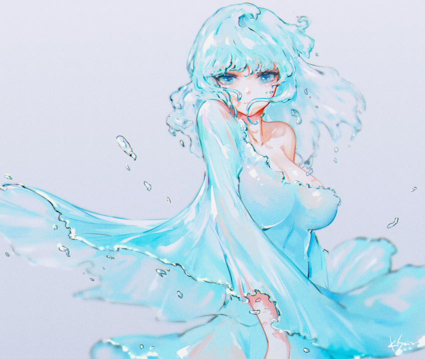 1girl bangs bare_shoulders blue_dress blue_eyes blue_hair blue_theme breasts collarbone cowboy_shot dress english_commentary hair_over_mouth highres kisei2 liquid liquid_clothes liquid_hair long_hair long_sleeves looking_at_viewer medium_breasts off_shoulder original simple_background solo water wide_sleeves