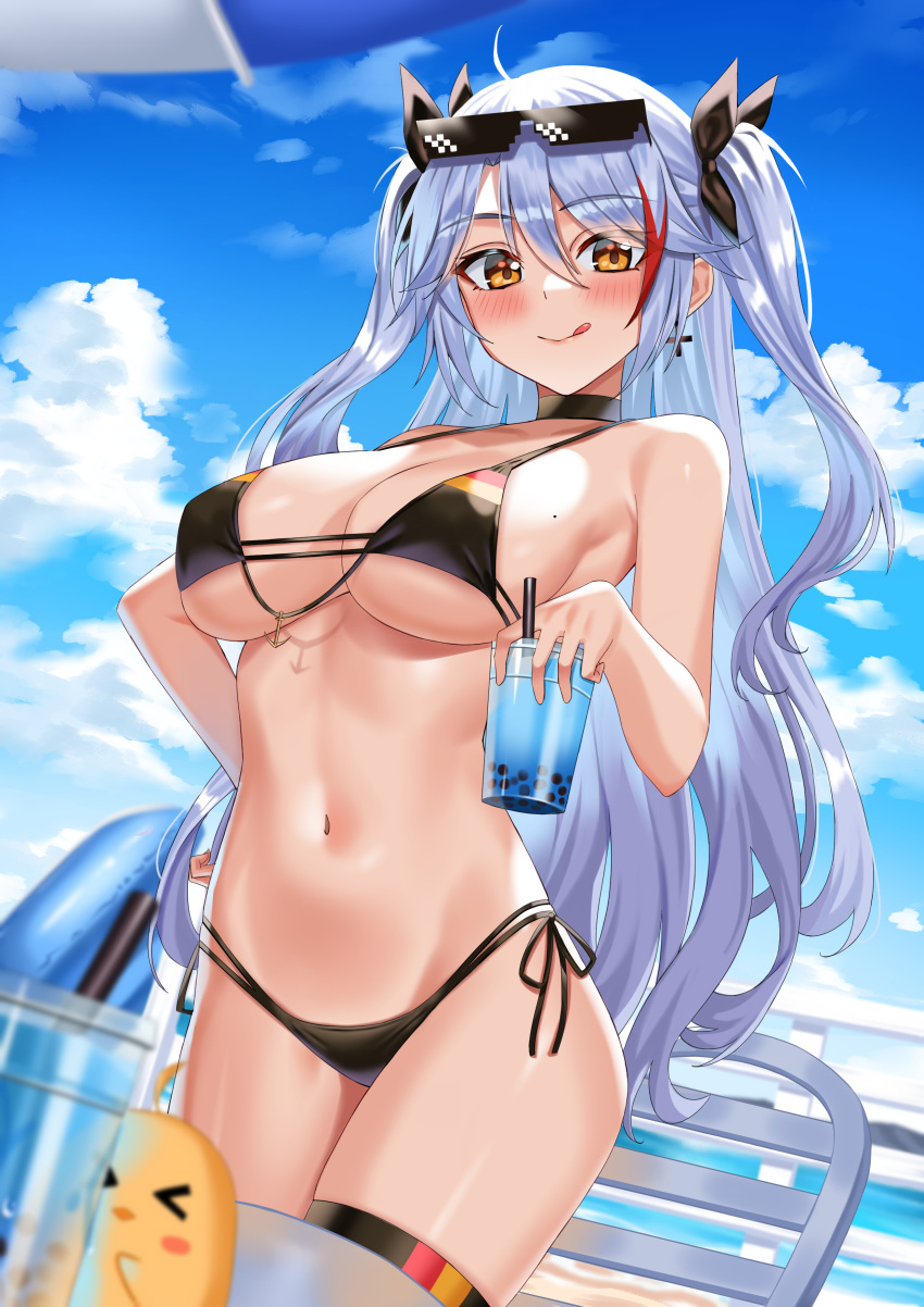 1girl :q absurdres azur_lane bangs bikini black_bikini black_choker blush breasts brown_eyes choker cross cross_earrings cup disposable_cup earrings eyebrows_visible_through_hair flag_print german_flag_bikini highres holding holding_cup iron_cross jewelry large_breasts long_hair looking_at_viewer manjuu_(azur_lane) multicolored_hair navel prinz_eugen_(azur_lane) prinz_eugen_(unfading_smile)_(azur_lane) ribbon shocho side-tie_bikini silver_hair solo streaked_hair swimsuit thigh_strap tongue tongue_out two_side_up very_long_hair