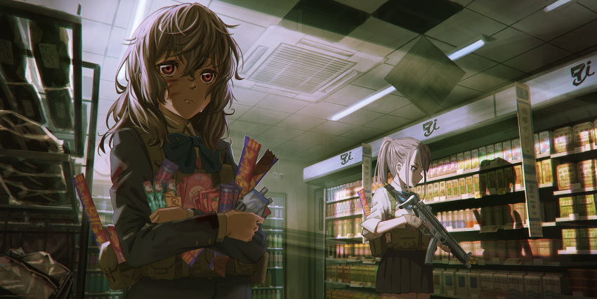 2girls assault_rifle bangs black_skirt blood blood_on_face bloody_clothes bottle bow bowtie brown_gloves brown_hair clock commentary_request convenience_store food_request gloves grey_hair gun highres hironii_(hirofactory) holding holding_gun holding_weapon indoors light medium_hair messy_hair multiple_girls original ponytail pouch red_eyes rifle security_camera shaded_face shelf shop sidelocks silhouette skirt sweatdrop trigger_discipline ventilation_shaft vest wall_clock weapon