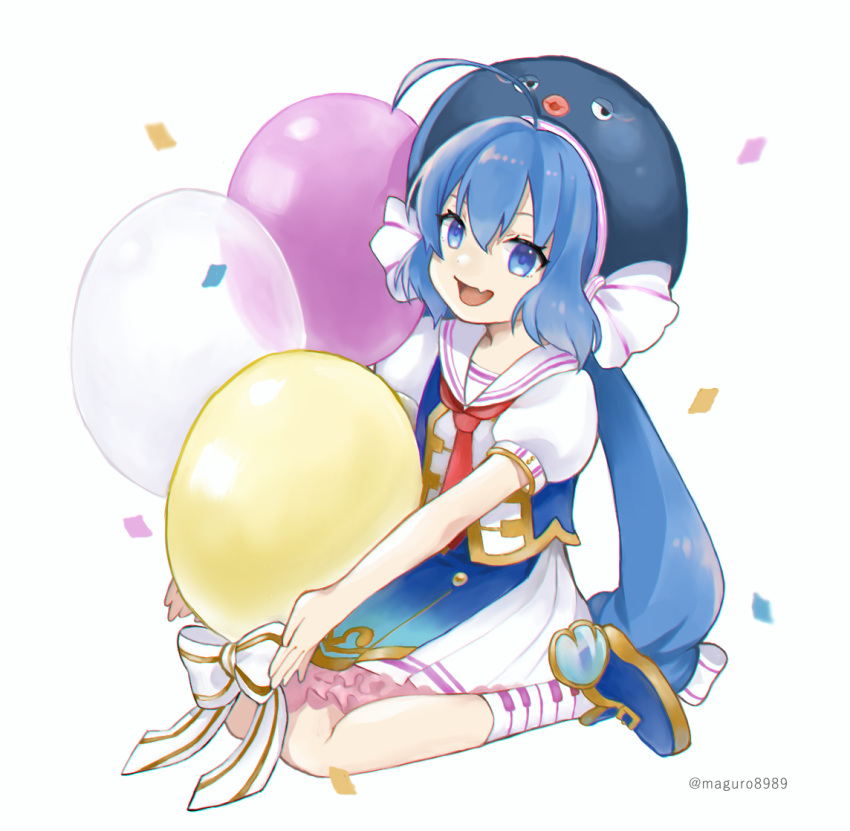 1girl anniversary balloon band_uniform binchou_maguro blue_dress blue_hair blue_headwear collar commentary confetti dress eel_hat fang frilled_skirt frills full_body holding holding_balloon long_hair looking_at_viewer open_mouth otomachi_una outstretched_arms piano_print sailor_collar seiza sitting skin_fang skirt smile solo twintails very_long_hair vocaloid white_background white_collar