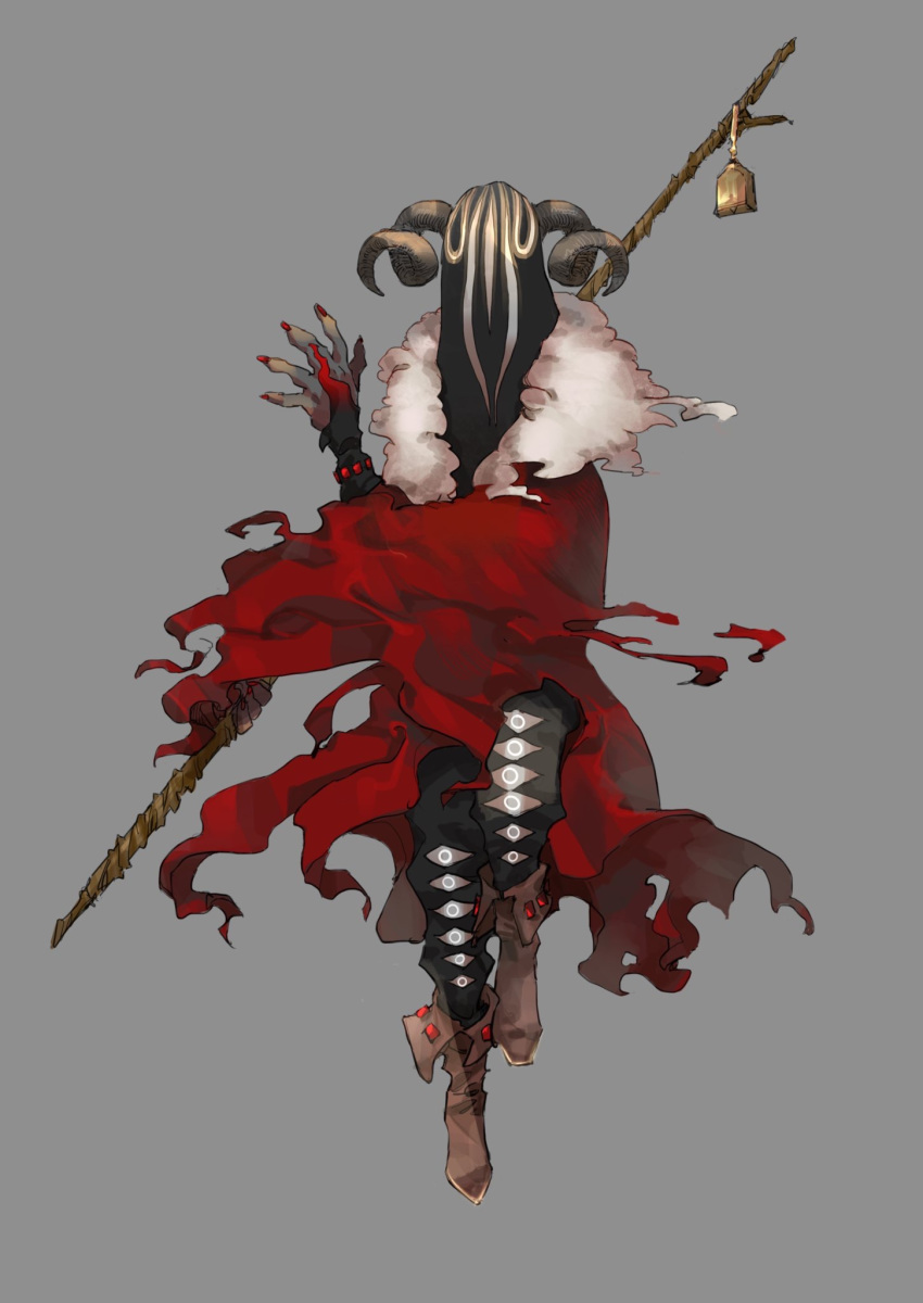 1other bell black_legwear brown_footwear cloak commentary_request fingernails floating_hair fur_trim hand_up highres holding holding_staff horns igarashi_(wp13) original red_cloak red_nails sheep_horns simple_background solo staff torn_cloak torn_clothes weapon