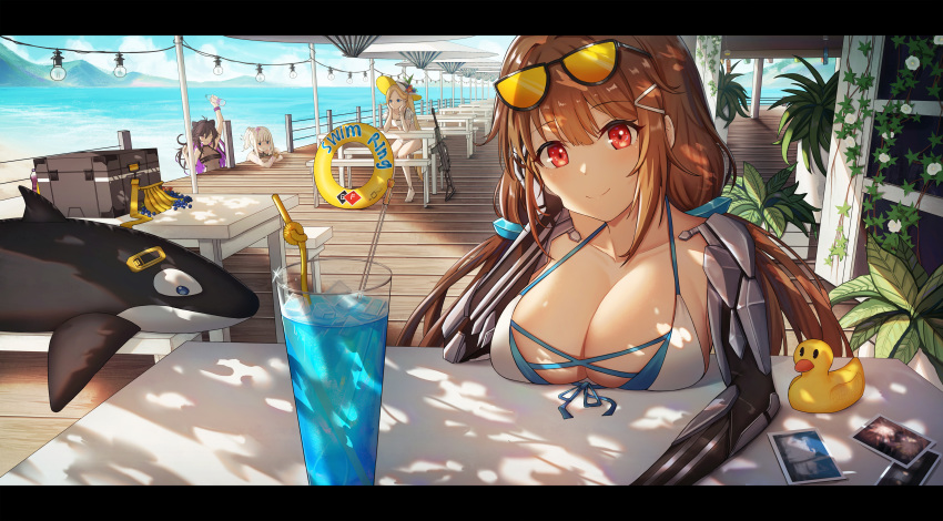 4girls absurdres aer7o ak_5_(girls_frontline) beach bikini breasts brown_hair girls_frontline highres js_9_(girls_frontline) kac-pdw_(girls_frontline) large_breasts long_hair low_twintails multiple_girls pp-19_(girls_frontline) red_eyes solo_focus summer swimsuit twintails very_long_hair