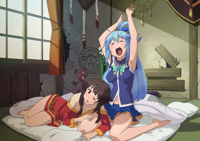 2girls aqua_(konosuba) bare_shoulders bed belt blue_hair breasts brown_belt brown_hair choker chomusuke collarbone eyebrows_visible_through_hair kono_subarashii_sekai_ni_shukufuku_wo! long_hair looking_at_another medium_breasts megumin multiple_girls official_art one_eye_closed open_mouth red_eyes sleepy third-party_source upper_teeth waking_up yawning