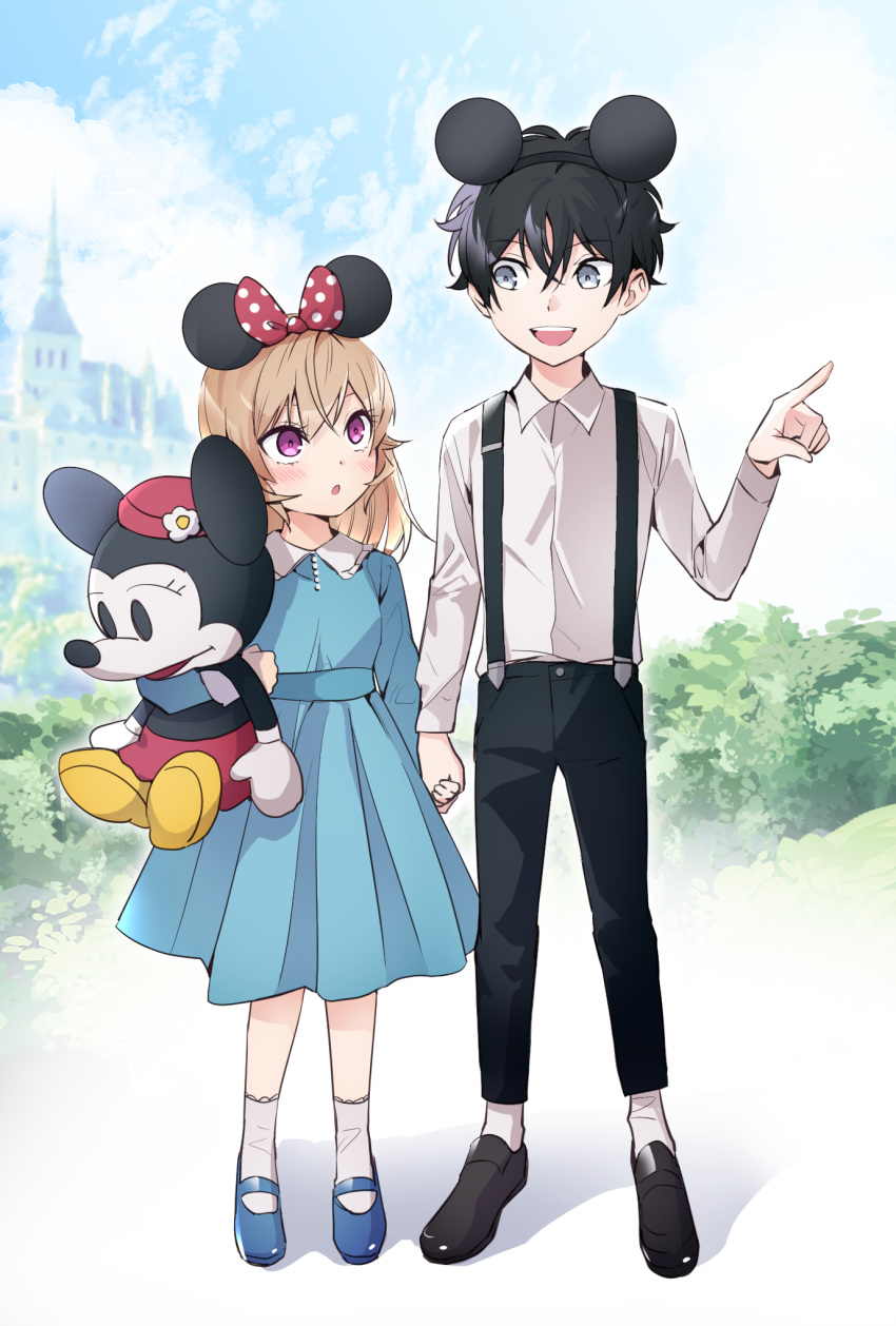 1boy 1girl :d :o bangs black_footwear black_hair black_pants blush bow bush castle child collar collared_dress collared_shirt commentary_request day doll_hug dress frilled_collar frills full_body grey_eyes hair_between_eyes height_difference highres holding_hands light_brown_hair long_hair long_sleeves looking_at_another mickey_mouse_ears minnie_mouse nakiri_asahi nakiri_erina object_hug open_mouth pants pleated_dress pointing polka_dot polka_dot_bow shirt shoes shokugeki_no_souma short_hair smile socks stuffed_animal stuffed_mouse stuffed_toy suspenders uiui_(hage04195) upper_teeth violet_eyes white_legwear white_shirt wing_collar