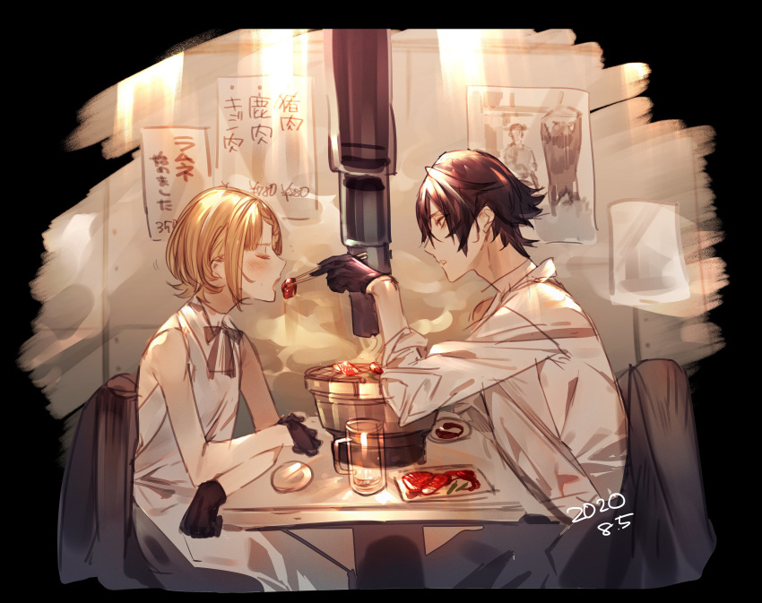 1boy 1girl absurdres bare_shoulders black_gloves black_hair black_neckwear blonde_hair blush chair chopsticks closed_eyes cup dated food gloves grill highres holding holding_chopsticks indoors looking_at_another mayutsuba_mono mug nero_(mayutsuba_mono) open_mouth original parted_lips plate sitting sketch steam