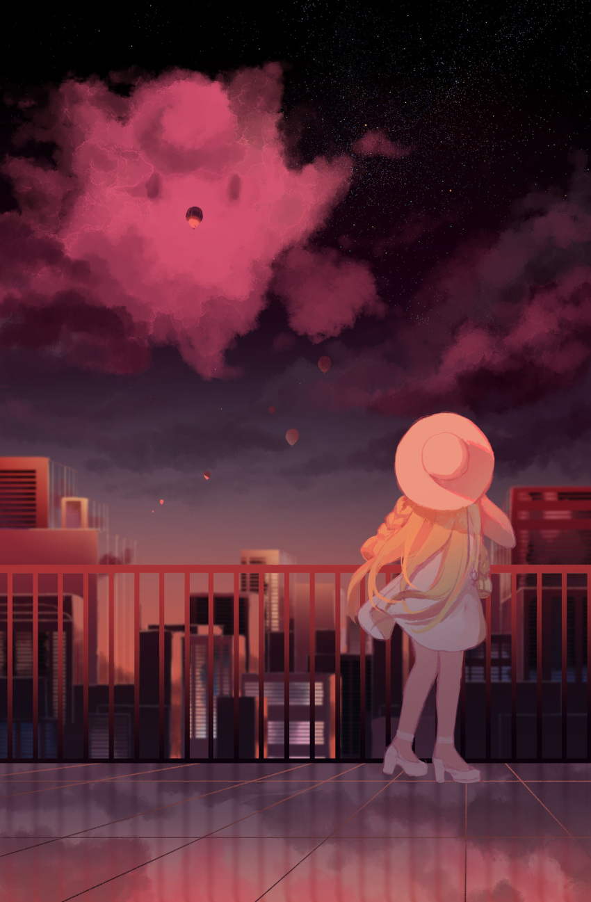 1girl :o absurdres blonde_hair braid building cityscape clefairy clouds commentary dress fence from_behind gen_1_pokemon hat high_heels highres lillie_(pokemon) long_hair night outdoors pinlin pokemon pokemon_(game) pokemon_sm reflection sky tile_floor tiles twin_braids white_dress white_footwear white_headwear