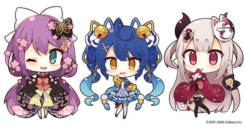 3girls ;d ahoge amamiya_kokoro bangs bell black_bow black_kimono black_legwear blue_dress blue_hair blue_legwear blue_ribbon bow brown_eyes chibi curled_horns dress eyebrows_visible_through_hair fang flower fox_mask frilled_kimono frills gradient_hair green_eyes grey_hair hair_bell hair_between_eyes hair_bow hair_flower hair_ornament hair_ribbon hairclip hand_to_own_mouth hand_up horns japanese_clothes jingle_bell kimono long_hair long_sleeves low_twintails mask mask_on_head multicolored_hair multiple_girls muuran naraka_(nijisanji) nijisanji official_art one_eye_closed open_mouth pantyhose pinching_sleeves pink_flower purple_hair red_eyes red_kimono ribbon sakura_ritsuki short_eyebrows simple_background single_thighhigh sleeves_past_wrists smile standing thick_eyebrows thigh-highs twintails two_side_up very_long_hair virtual_youtuber watermark white_background white_bow wide_sleeves x_hair_ornament yellow_ribbon