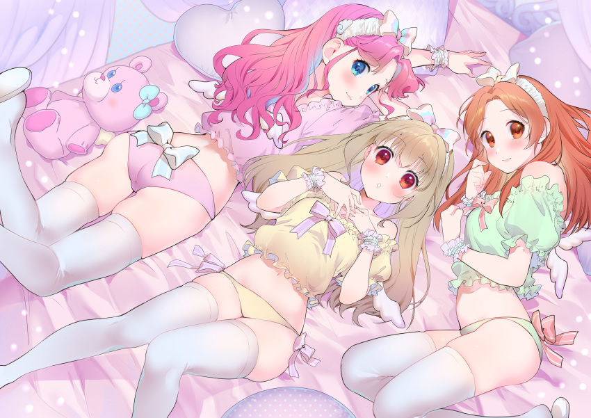 3girls :o absurdres aikatsu! aikatsu!_(series) aikatsu_on_parade! amahane_madoka angel_wings ass bangs blouse blue_eyes blush bow bow_panties brown_eyes commentary curtains eyebrows_visible_through_hair fake_wings feet_up forehead frilled_blouse from_above geshumaro hair_bow hair_down hairband hands_on_own_chest heart heart_pillow highres kiseki_raki knees_together_feet_apart legs_up light_brown_hair lipstick long_hair looking_at_viewer looking_back looking_up lying makeup midriff multiple_girls navel on_back on_bed on_side on_stomach open_mouth orange_hair otoshiro_noel panties parted_bangs pillow pink_eyes pink_hair puffy_short_sleeves puffy_sleeves short_sleeves sidelocks skindentation slippers smile stuffed_animal stuffed_toy teddy_bear the_pose thigh-highs thighs underwear wings wrist_cuffs