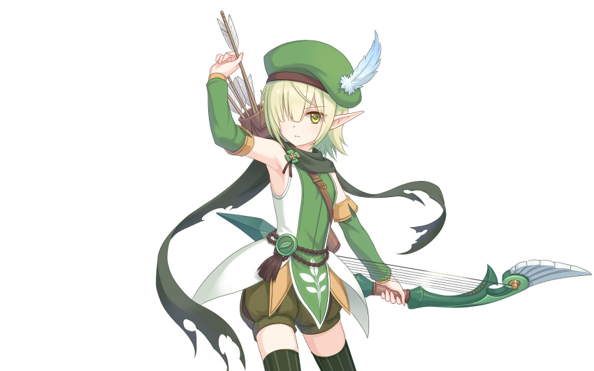 1girl aoi_(princess_connect!) bow_(weapon) drawing_arrow elf green_beret green_eyes green_hair highres holding holding_weapon official_art pointy_ears princess_connect! quiver tachi-e tattered_scarf transparent_background weapon