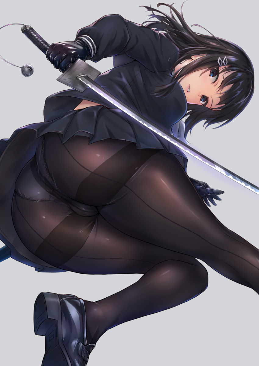 1girl ass bangs bell black_eyes black_footwear black_gloves black_hair black_legwear black_serafuku black_shirt black_skirt breasts closed_mouth commentary_request crotch_seam from_behind gloves grey_background hair_ornament highres holding holding_sword holding_weapon jingle_bell katana latex latex_gloves loafers long_hair long_sleeves looking_at_viewer looking_back medium_breasts miniskirt neckerchief original panties panties_under_pantyhose pantyhose parted_lips pleated_skirt sailor_collar school_uniform serafuku shirt shoes sidelocks skirt smile solo sword thighband_pantyhose thighs toriatto_gununu underwear unsheathed upskirt weapon white_neckwear white_panties