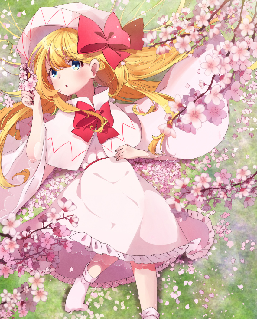 1girl absurdres ametama_(runarunaruta5656) ankle_socks blonde_hair blue_eyes blush bow capelet cherry_blossoms dress flower foot_out_of_frame frilled_skirt frills from_above hair_bow hand_on_own_stomach hand_up hat highres holding holding_flower knee_up lily_white long_hair long_sleeves looking_at_viewer lying medium_skirt no_wings on_back on_grass petals sash skirt solo touhou wide_sleeves