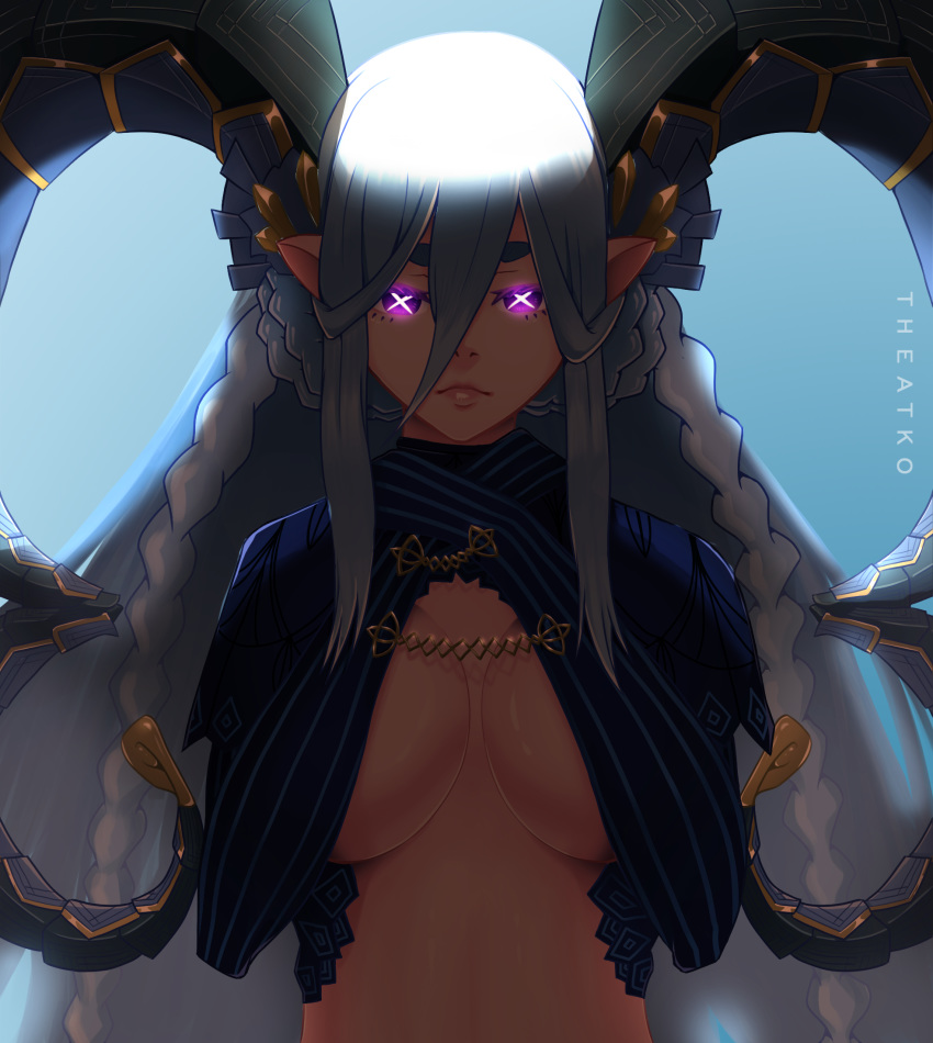 1girl blue_hair braid braided_bun breasts breasts_apart curled_horns double_bun elbow_gloves english_commentary fate/grand_order fate_(series) gloves hair_between_eyes highres horns large_breasts long_hair long_horns pink_eyes pointy_ears short_eyebrows side_braids solo the_atko tiamat_(fate/grand_order) under_boob upper_body very_long_hair