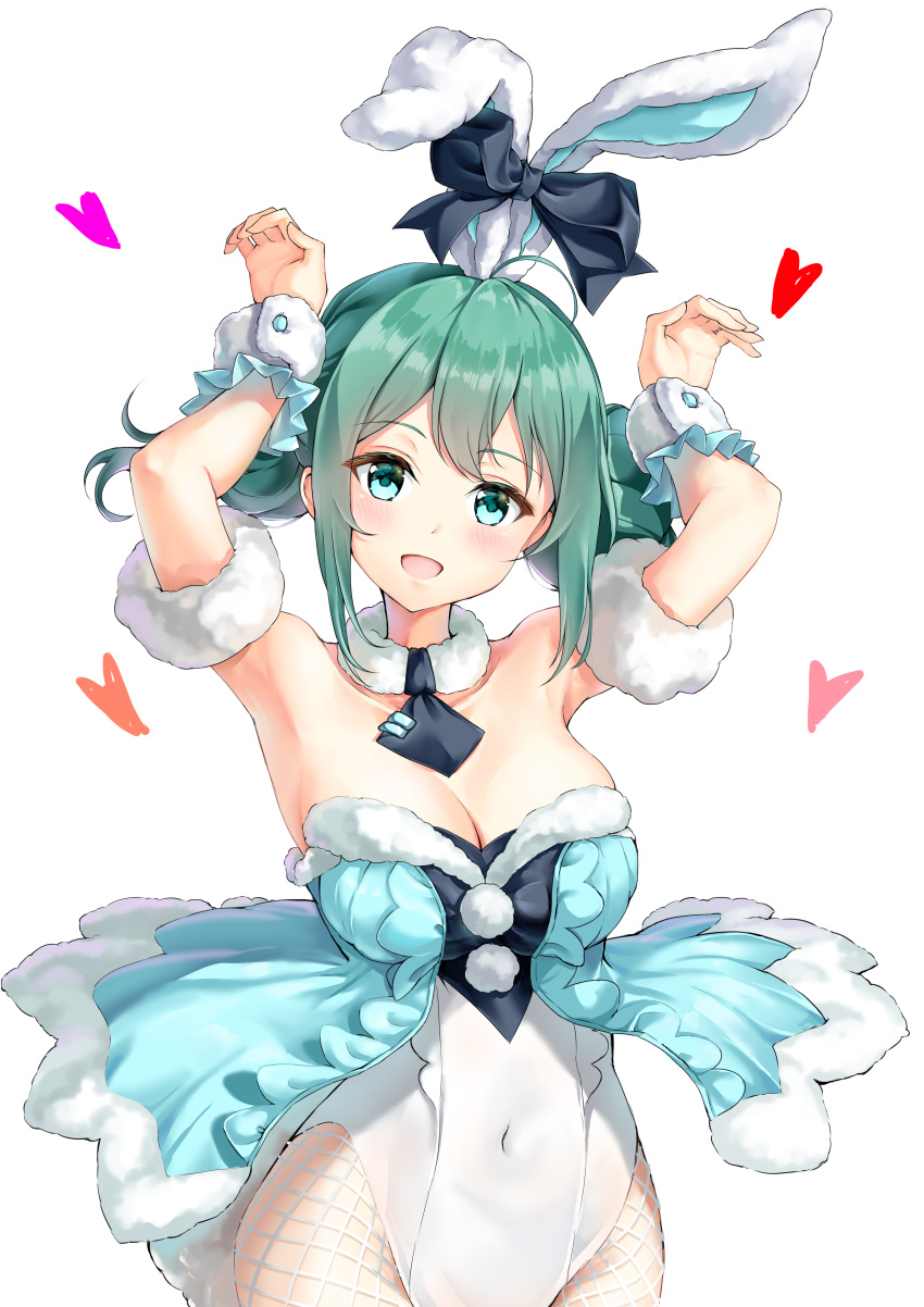 1girl absurdres animal_ears armpits arms_up bicute_bunnies_miku bow breasts bunny_pose collar commentary_request covered_navel fishnet_legwear fishnets green_eyes green_hair hatsune_miku highres leotard medium_breasts mini_necktie rabbit_ears rissenka sidelocks simple_background solo vocaloid white_background wrist_cuffs
