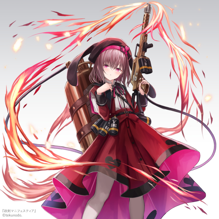 1girl bangs brown_hair eyebrows eyebrows_visible_through_hair hat heart highres holding holding_weapon konome_noi long_sleeves looking_at_viewer official_art pantyhose pleated_skirt red_eyes seiken_manifestia short_hair skirt sleeves solo standing thigh-highs weapon white_legwear zettai_ryouiki