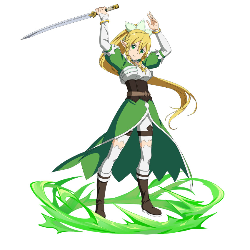 1girl arms_up bangs black_footwear blonde_hair boots bracelet braid bustier closed_mouth detached_sleeves floating_hair green_eyes green_skirt hair_between_eyes hair_ornament head_tilt high_ponytail highres holding holding_sword holding_weapon jewelry leafa long_hair long_sleeves looking_at_viewer official_art shiny shiny_hair shorts shorts_under_skirt skirt smile solo sword sword_art_online sword_art_online:_code_register thigh-highs transparent_background twin_braids very_long_hair weapon white_legwear white_shorts white_sleeves