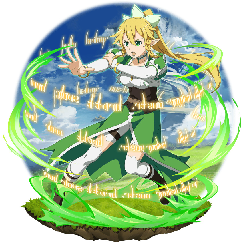 1girl bangs black_footwear blonde_hair bracelet braid collarbone detached_sleeves faux_figurine floating_hair front_slit full_body green_eyes green_skirt hair_between_eyes hair_ornament high_ponytail highres jewelry leafa long_hair long_skirt long_sleeves official_art open_mouth pointy_ears shiny shiny_hair shorts shorts_under_skirt skirt solo sword_art_online sword_art_online:_code_register thigh-highs transparent_background twin_braids very_long_hair white_legwear white_shorts white_sleeves