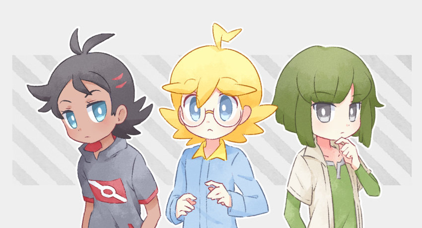 3boys ahoge akasaka_(qv92612) antenna_hair bangs black_hair blonde_hair blue_eyes blue_jumpsuit character_request clemont_(pokemon) closed_mouth commentary_request eyebrows_visible_through_hair glasses goh_(pokemon) green_hair grey_eyes hand_on_own_chin long_sleeves male_focus multiple_boys pokemon pokemon_(anime) pokemon_swsh_(anime) pokemon_xy_(anime) short_sleeves