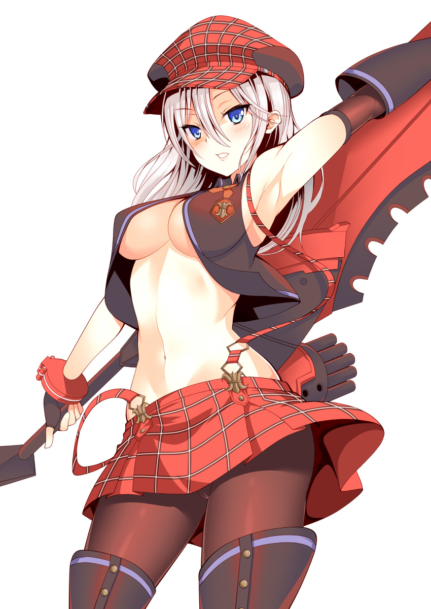 1girl absurdres alisa_ilinichina_amiella arm_up armpits black_gloves black_legwear blue_eyes breasts daive fingerless_gloves gloves god_eater hair_between_eyes hat highres long_hair looking_at_viewer medium_breasts navel pantyhose red_headwear red_skirt simple_background skirt solo suspenders thigh-highs under_boob white_background white_hair