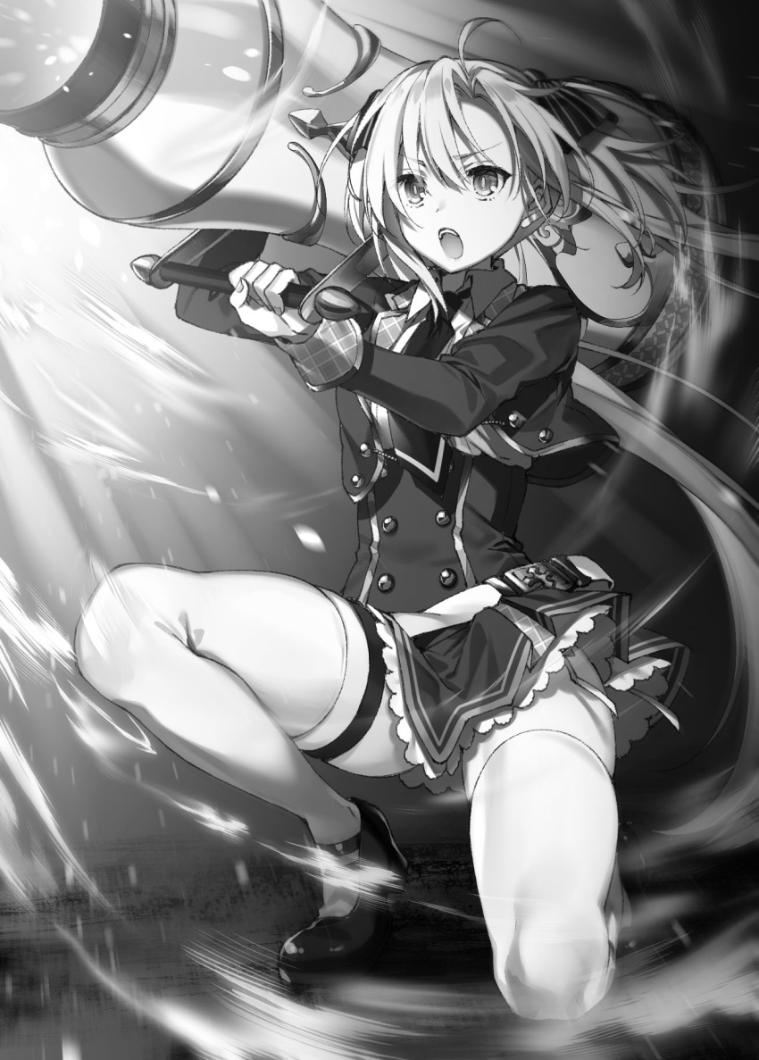 1girl ahoge belt belt_buckle buckle cannon commentary_request greyscale hair_between_eyes highres holding holding_weapon kneeling long_hair long_sleeves monochrome necktie open_mouth over_shoulder regina_(seiken_gakuin_no_maken_tsukai) seiken_gakuin_no_maken_tsukai shoes skirt solo teeth thigh-highs thigh_strap toosaka_asagi twintails weapon