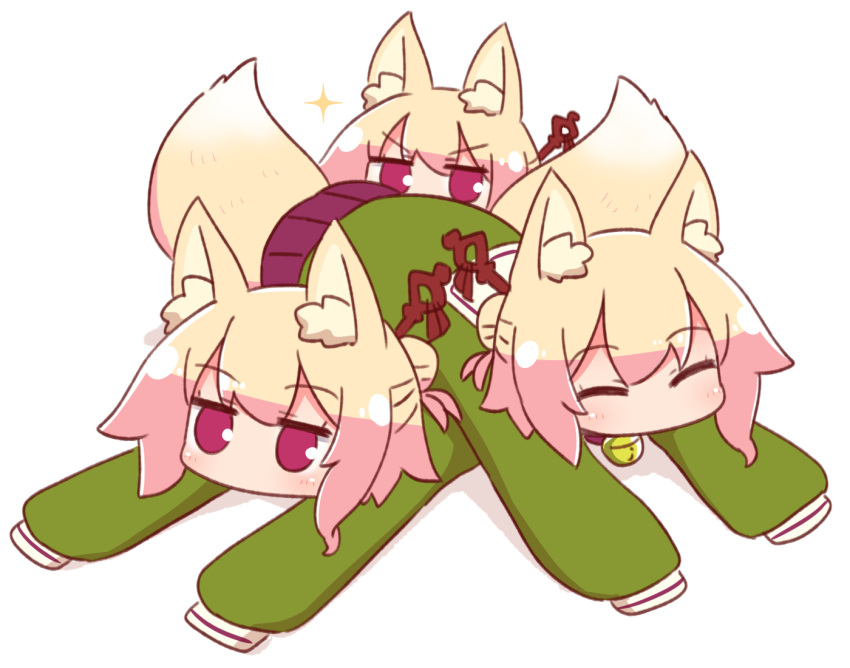 3girls ^_^ animal_ear_fluff animal_ears bangs bell blonde_hair blush closed_eyes dogpile eyebrows_visible_through_hair fox_ears fox_girl fox_tail green_shirt hair_between_eyes hair_bun hair_ornament jingle_bell kemomimi-chan_(naga_u) long_sleeves looking_at_viewer lying multiple_girls naga_u on_stomach original pleated_skirt purple_skirt sailor_collar shadow shirt sidelocks skirt sleeves_past_fingers sleeves_past_wrists sparkle tail v-shaped_eyebrows violet_eyes white_background white_sailor_collar