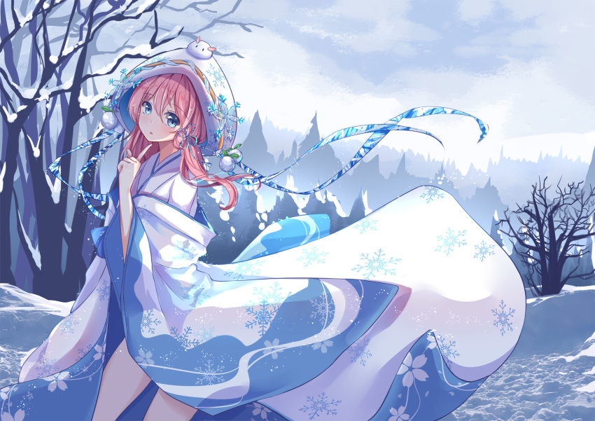 1girl ark_order blue_eyes highres japanese_clothes kimono long_hair pink_hair scarlet_dango snow snowflake_print solo tied_hair winter yuki_onna_(ark_order)