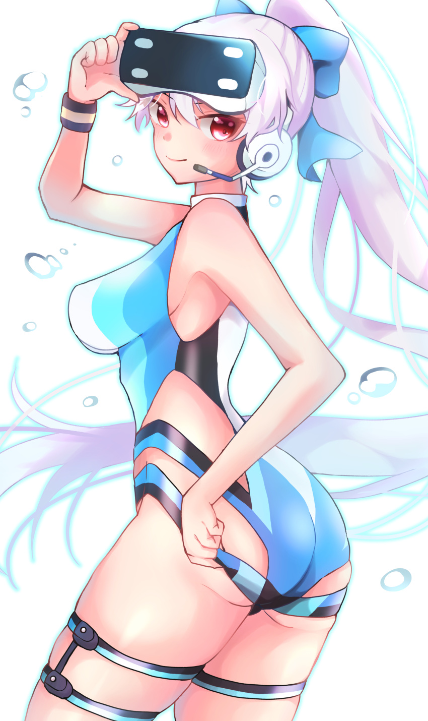 1girl absurdres adjusting_clothes adjusting_headwear ass blue_bow blue_swimsuit bow breasts commentary_request competition_swimsuit fate/grand_order fate_(series) hair_bow head_mounted_display headphones headset highres large_breasts long_hair microphone one-piece_swimsuit ponytail red_eyes silver_hair solo swimsuit swimsuit_tug thigh_strap tomoe_gozen_(fate/grand_order) tomoe_gozen_(swimsuit_saber)_(fate) two-tone_swimsuit utaso_(satsuo) very_long_hair white_swimsuit