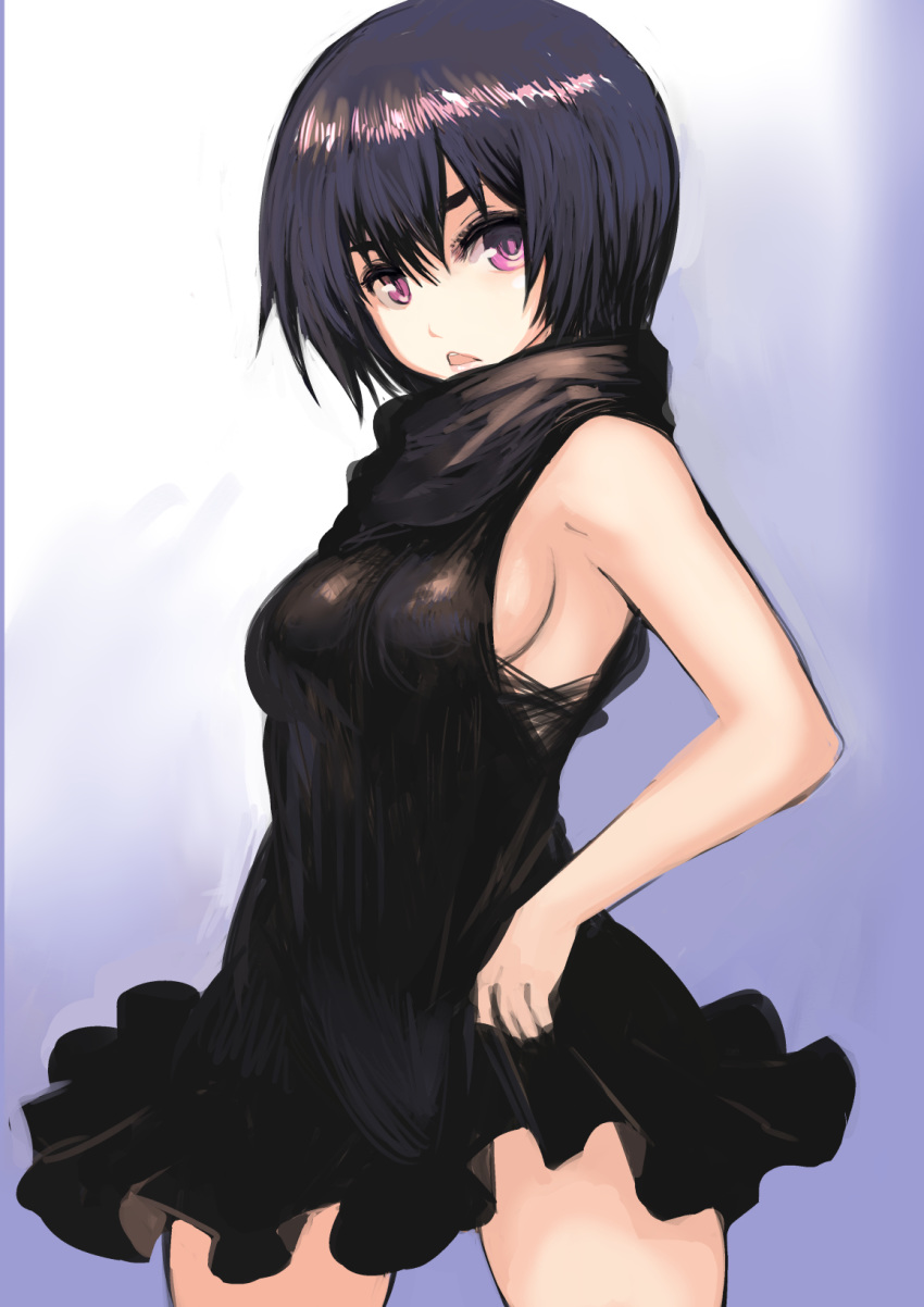 1girl black_dress black_hair breasts chestnut_mouth commentary_request dress frilled_dress frills highres johan_(johan13) medium_breasts no_bra open_mouth original short_dress sideboob sleeveless sleeveless_dress solo turtleneck_dress violet_eyes