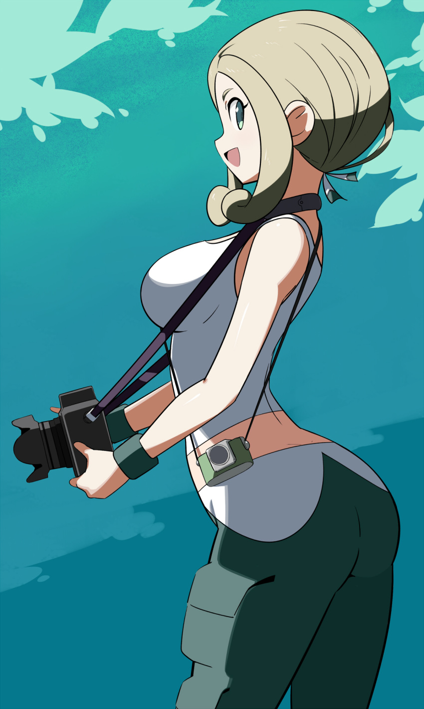 1girl :d arched_back blonde_hair breasts camera commentary_request cowboy_shot eyelashes green_eyes green_pants green_wristband highres holding holding_camera looking_at_viewer looking_to_the_side open_mouth pants pokemon pokemon_(game) pokemon_xy profile sakuraidai sidelocks smile solo tank_top tongue viola_(pokemon) white_tank_top wristband