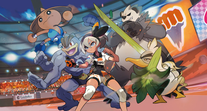 1girl absurdres bangs bea_(pokemon) black_bodysuit black_hairband bodysuit bodysuit_under_clothes bow_hairband clenched_hand collared_shirt dynamax_band gen_1_pokemon gen_2_pokemon gen_6_pokemon gen_8_pokemon gloves grey_eyes grey_hair gym_leader hair_between_eyes hairband hands_up highres hitmontop knee_pads legs_apart machamp number official_art pangoro partly_fingerless_gloves pokemon pokemon_(creature) pokemon_(game) pokemon_swsh print_shirt print_shorts shirt short_hair short_sleeves shorts single_glove sirfetch'd stadium tied_shirt