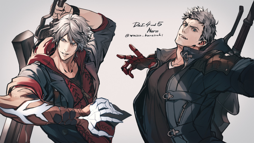 1boy blue_coat blue_eyes character_name coat collarbone copyright_name devil_may_cry devil_may_cry_4 devil_may_cry_5 fingernails grey_hair hair_between_eyes highres holding holding_sword holding_weapon hood hood_down hoodie male_focus mechanical_arm nero_(devil_may_cry) open_clothes open_coat parted_lips reckless_dog red_hoodie sharp_fingernails signature sleeves_rolled_up smile sword teeth twitter_username upper_teeth weapon weapon_on_back zipper zipper_pull_tab