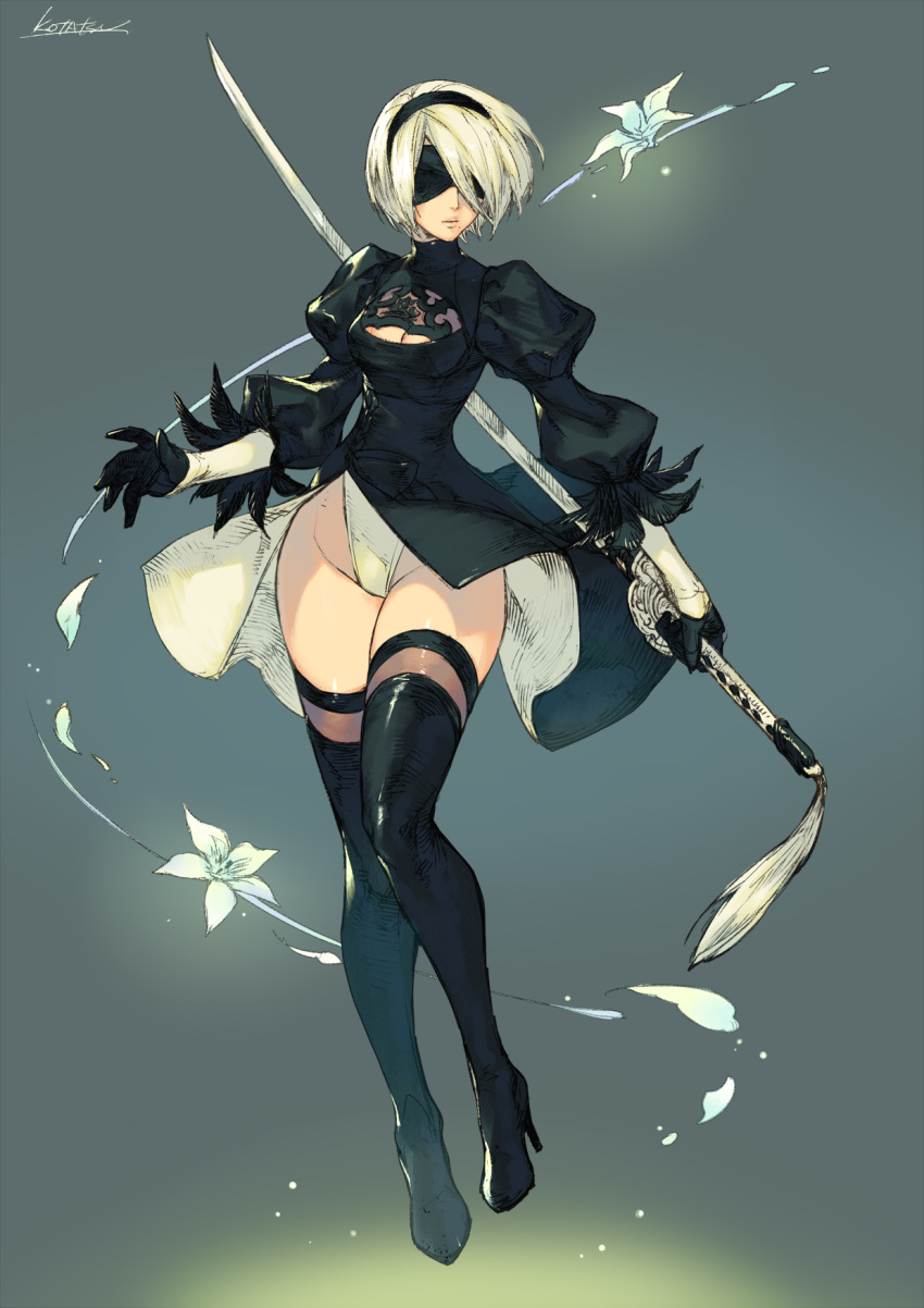 black_blindfold black_dress black_hairband blindfold boots breasts cleavage_cutout covered_eyes dress feather-trimmed_sleeves flower gloves green_background hairband high_heel_boots high_heels highleg highleg_leotard highres juliet_sleeves katana kotatsu_(g-rough) leather leather_boots leotard long_sleeves medium_breasts mole mole_under_mouth nier_(series) nier_automata puffy_sleeves silver_hair sword thigh-highs thigh_boots thighhighs_under_boots weapon white_leotard wide_hips yorha_no._2_type_b