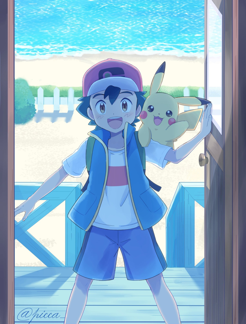 1boy ash_ketchum backpack bag bangs baseball_cap black_hair bush day door fence gen_1_pokemon grey_eyes hat highres jacket looking_at_viewer mei_(maysroom) open_mouth pikachu pokemon pokemon_(anime) pokemon_(creature) pokemon_on_arm pokemon_swsh_(anime) sand shore short_sleeves shorts signature standing teeth tongue water watermark