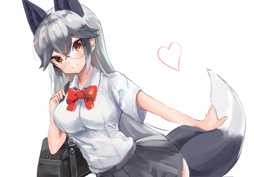 1girl absurdres animal_ears bag blush breasts closed_mouth dragon_star2 extra_ears eyebrows_visible_through_hair fox_ears fox_tail glasses heart highres kemono_friends large_breasts long_hair looking_at_viewer multicolored_hair pleated_skirt school_uniform shirt silver_fox_(kemono_friends) simple_background skirt smile solo tail two-tone_hair uniform white_background yellow_eyes