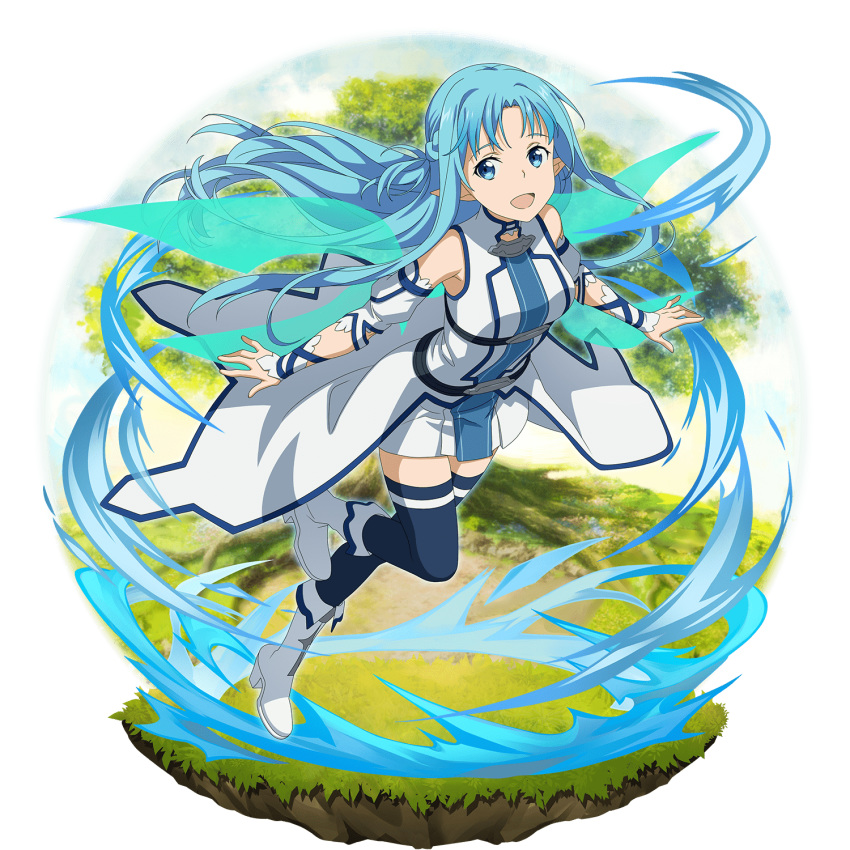1girl :d asuna_(sao-alo) blue_dress blue_eyes blue_hair blue_legwear blue_ribbon blue_wings boots braid detached_sleeves dress faux_figurine floating_hair flying french_braid full_body highres leg_up long_hair looking_at_viewer multiple_wings official_art open_mouth pleated_dress pointy_ears ribbon shiny shiny_hair short_dress short_sleeves smile solo sword_art_online sword_art_online:_code_register thigh-highs transparent_background two-tone_dress very_long_hair waist_cape white_dress white_footwear white_sleeves wings zettai_ryouiki