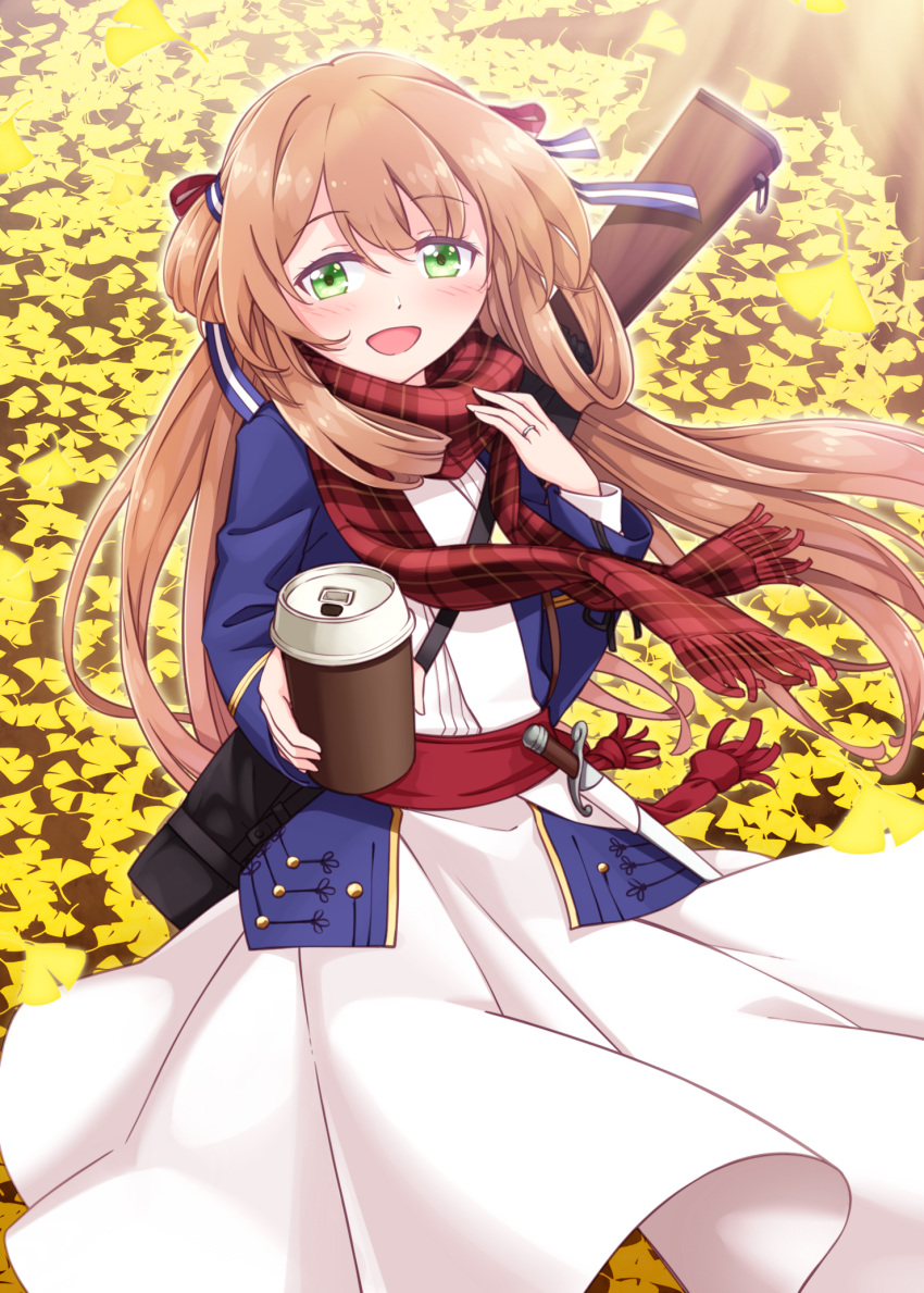 1girl :d bangs blue_jacket blush bow brown_hair coffee_cup commentary_request cup dagger disposable_cup dress eyebrows_visible_through_hair fringe_trim ginkgo_leaf girls_frontline green_eyes hair_between_eyes hair_bow hair_rings highres holding holding_cup jacket jewelry long_hair long_sleeves looking_at_viewer m1903_springfield m1903_springfield_(girls_frontline) object_namesake open_clothes open_jacket open_mouth plaid plaid_scarf pleated_dress red_bow red_scarf ring sansei_rain scarf smile solo striped striped_bow very_long_hair weapon weapon_on_back wedding_band white_dress