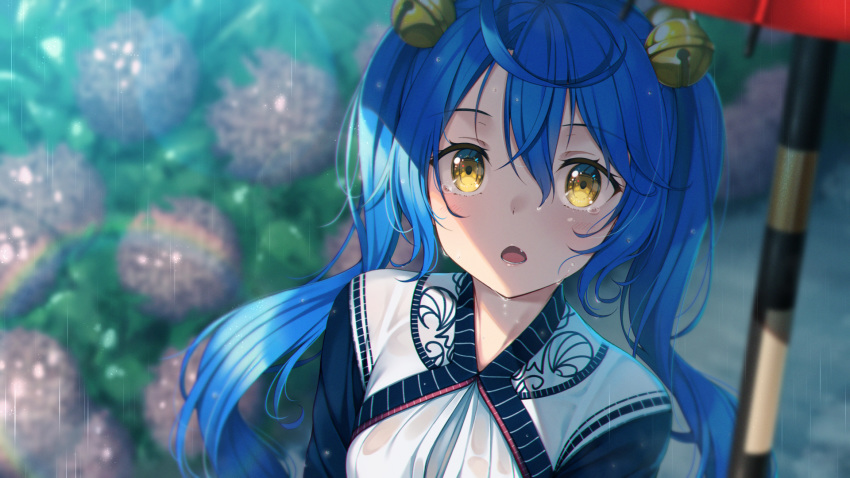 1girl amamiya_kokoro bangs bell black_jacket blue_hair blurry blurry_background blurry_foreground breasts brown_eyes day depth_of_field eyebrows_visible_through_hair fang flower hair_bell hair_between_eyes hair_ornament highres holding holding_umbrella hydrangea jacket jingle_bell long_hair looking_at_viewer medium_breasts nijisanji open_mouth outdoors rain rainbow see-through shirt solo twintails umbrella upper_body virtual_youtuber wet wet_clothes wet_shirt white_shirt yuuri_nayuta