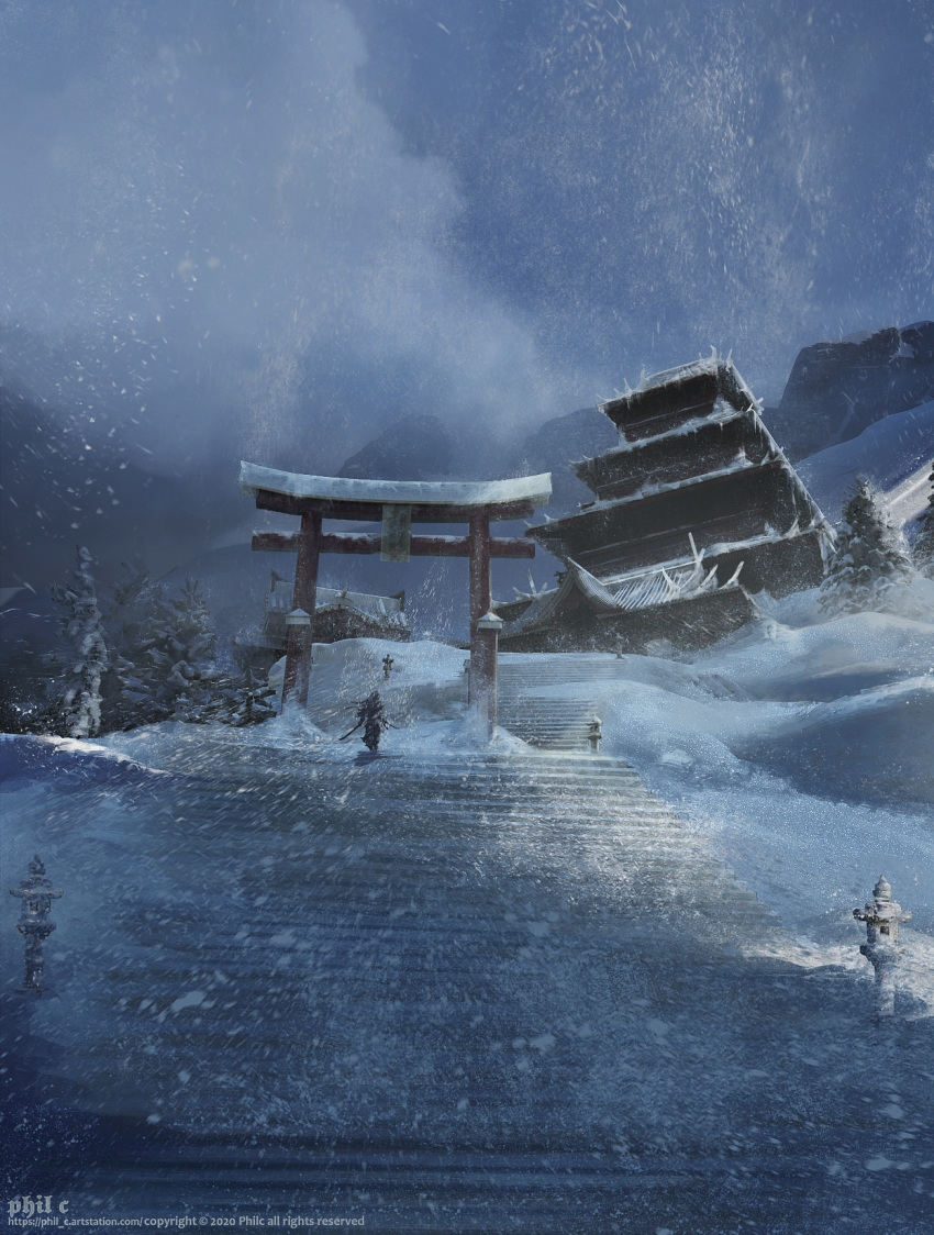1other architecture artist_name blizzard castle clouds cloudy_sky commentary east_asian_architecture highres holding holding_sword holding_weapon mountain original outdoors phil_c scenery sky snow snowing stairs standing sword torii tree watermark weapon web_address