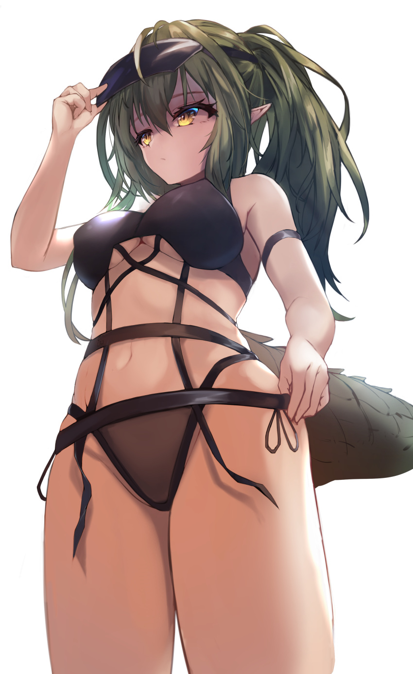 1girl absurdres aoinu_(aoinu_99) arknights arm_strap bangs bare_arms bare_shoulders breasts chinese_commentary commentary_request cowboy_shot crocodilian_tail gavial_(arknights) green_hair hair_between_eyes hand_up highres large_breasts long_hair navel ponytail simple_background solo standing stomach tail thighs visor_cap white_background yellow_eyes
