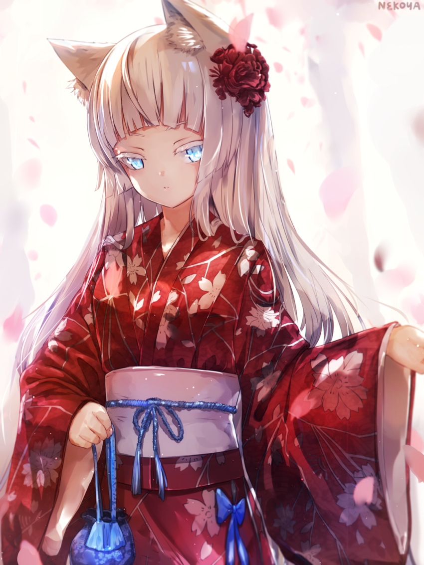 1girl animal_ear_fluff animal_ears artist_name awp_(girls_frontline)_(nekoya_(liu)) blue_eyes closed_mouth colored_eyelashes commentary_request floral_print flower girls_frontline hair_flower hair_ornament highres japanese_clothes kimono long_hair long_sleeves looking_at_viewer nekoya_(liu) obi original petals print_kimono red_flower red_kimono sash signature silver_hair sleeves_past_wrists solo upper_body very_long_hair wide_sleeves