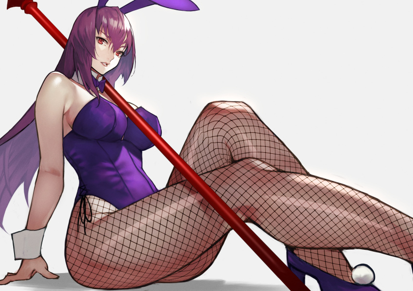 1girl absurdres animal_ears bangs blush breasts bunnysuit detached_collar fake_animal_ears fate/grand_order fate_(series) fishnet_legwear fishnets gae_bolg hair_between_eyes high_heels highleg highleg_leotard highres large_breasts leotard long_hair looking_at_viewer pantyhose parted_lips polearm purple_hair purple_leotard rabbit_ears red_eyes scathach_(fate)_(all) scathach_(fate/grand_order) sitting spear thighs weapon wrist_cuffs yoshio_(55level)