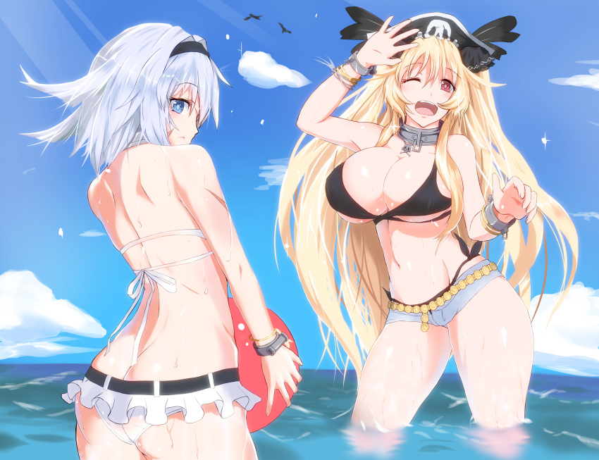 2girls anne_bonny_(fate/grand_order) anne_bonny_(swimsuit_archer)_(fate) arm_scar ass back bare_shoulders beach_volleyball bikini black_bikini black_headwear blue_eyes breasts butt_crack clouds cloudy_sky collar eyebrows_visible_through_hair facial_scar fate/grand_order fate_(series) hat highres in_water large_breasts long_hair mary_read_(fate/grand_order) mary_read_(swimsuit_archer)_(fate) multiple_girls one_eye_closed outdoors pirate pirate_hat red_eyes scar shiwabuki_(guillotine_devil) short_hair short_shorts shorts silver_hair skull_and_crossbones sky swimsuit very_long_hair wet white_bikini white_swimsuit