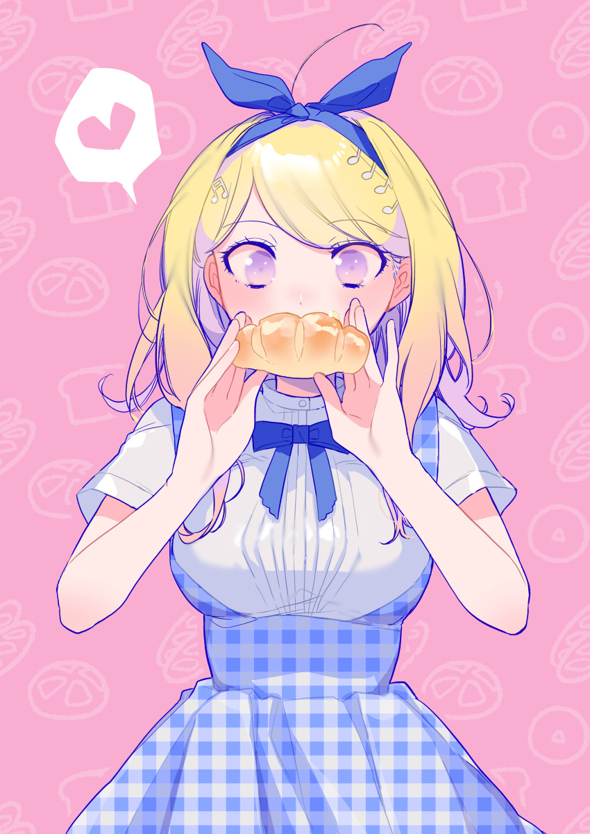 1girl absurdres ahoge akamatsu_kaede alternate_costume bare_arms blonde_hair blue_bow blue_dress blue_neckwear bow bread breasts check_commentary commentary_request cowboy_shot croissant dangan_ronpa dot_nose dress eyebrows_visible_through_hair food gingham gingham_dress hair_bow hair_ribbon heart highres holding holding_food medium_breasts musical_note musical_note_hair_ornament new_dangan_ronpa_v3 patterned_background pinafore_dress pink_background ribbon shirt short_hair short_sleeves solo spoken_heart undershirt violet_eyes white_shirt zang_li